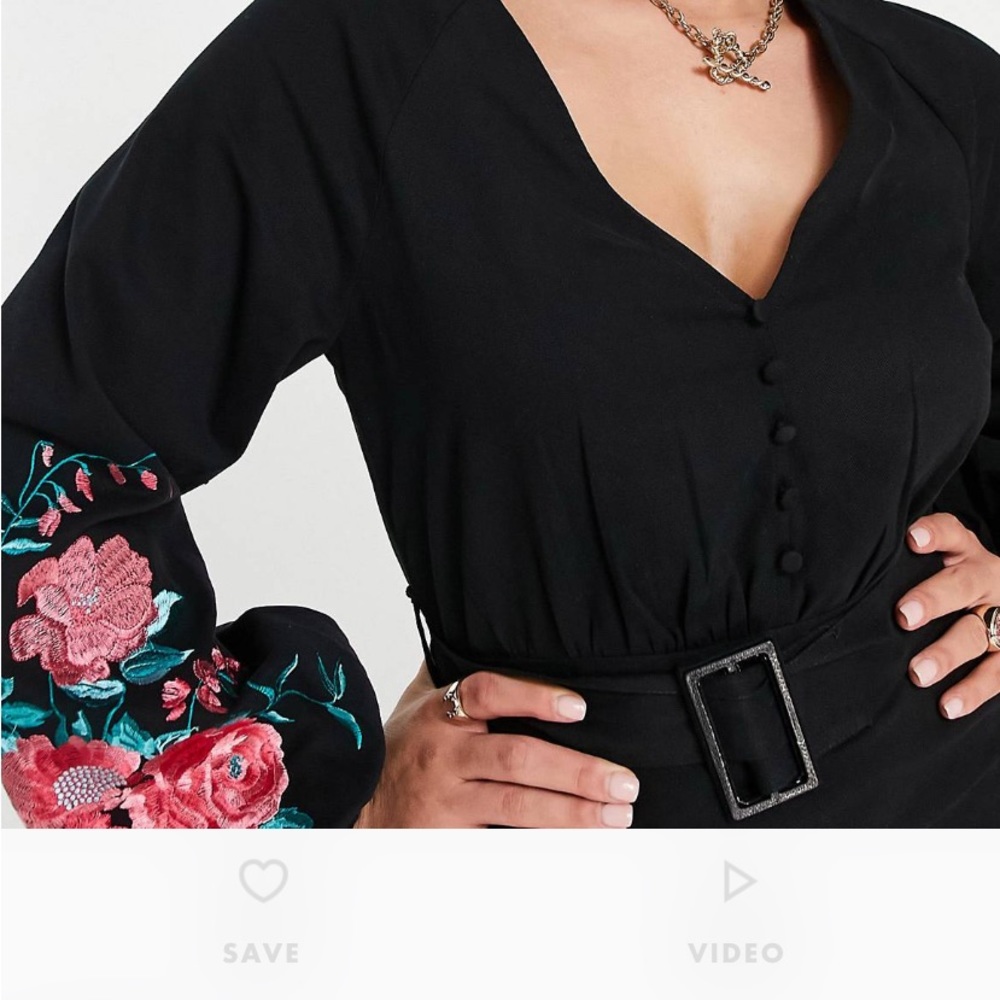 “SOLD” SOLD”long sleeve, ASOS V-neck mini dress, buckle belt, floral appliqué. - Picture 2 of 12